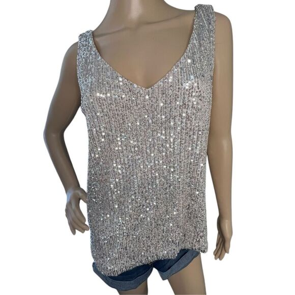 Pink Lily Beige Sequined Covered Shimmery Loose Fit Tank - Picture 1 of 5